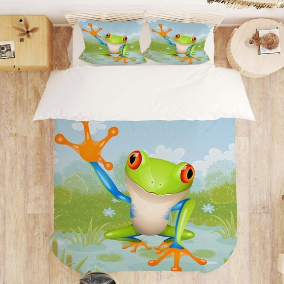 3D Printed down Three-Piece Set, Cartoon Frog Bedding Set, Soft and Breathable Microfiber Comforter Bedding Set with Zipper Closure for Kids Women Men