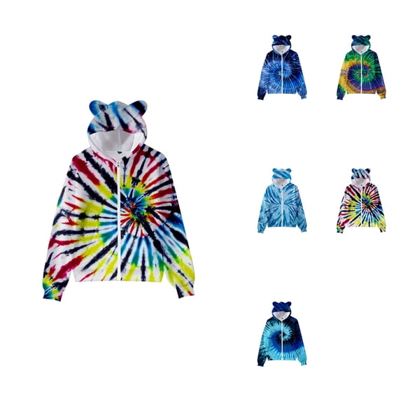 3D Printed Tie-Dye Zipper Hoodie with Cat Ears, Cute Leopard Print Pullover for Kids & Youth, Full-Zip Sweatshirt with Pockets, Comfortable Oversized Fit