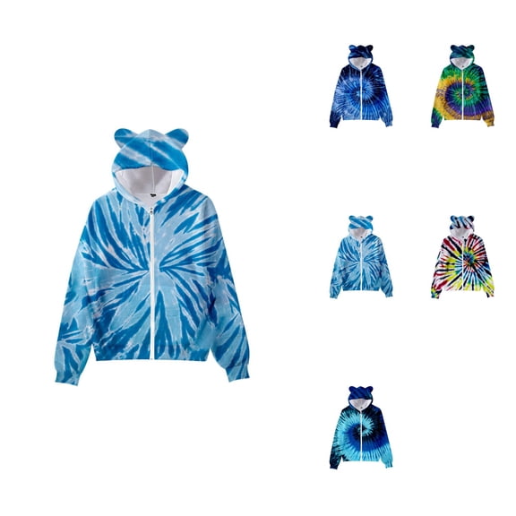 3D Printed Tie-Dye Zipper Hoodie with Cat Ears, Cute Leopard Print Pullover for Kids & Youth, Full-Zip Sweatshirt with Pockets, Comfortable Oversized Fit