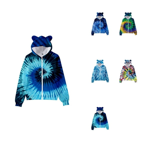 3D Printed Tie-Dye Zipper Hoodie with Cat Ears, Cute Leopard Print Pullover for Kids & Youth, Full-Zip Sweatshirt with Pockets, Comfortable Oversized Fit