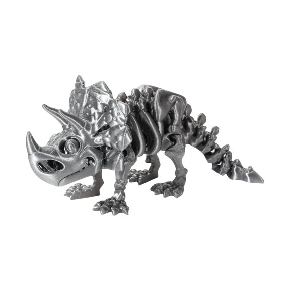 3D Printed Triceratops Skeleton Figurine, 8.66 Inch Flexible Movable Dinosaur Model for Desk Decor, Articulated Silk Silver Dragon Sculpture Home Office Ornament