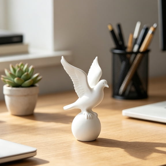 3D Printed White Bird Figurine, Small Peace Bird on Ball Statue Small Decorative Bird Sculpture for Indoor Desk Shelf Decor