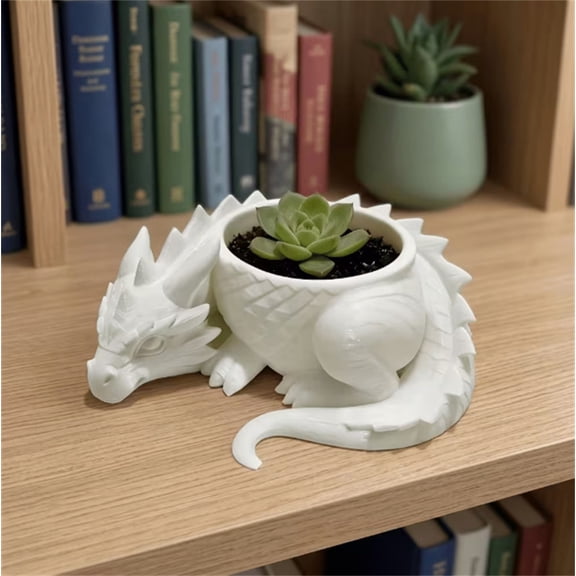 3D Printed White Dragon Planter Pot Matte Small Succulent Flowerpot 10cm Cute Sleeping Dragon Sculpture for Desk Home Decor 1PCS White