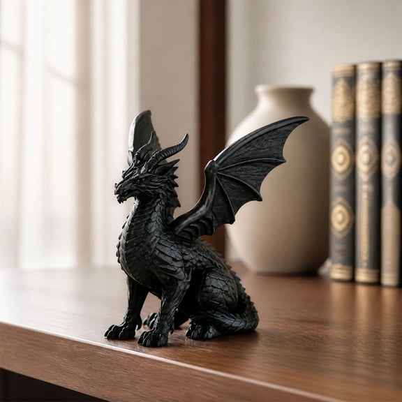 3D Printed Winged Dragon, Black Fantasy Tabletop Figurine, Black Seated Dragon with Raised Wings Horns and a Long Tail, for Desk Shelf Game Room and Detailed Gothic Fantasy Decoration