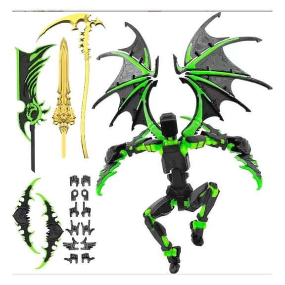 3D Printed Winged Titan Robot Action Figure Assembled Posable Mobile Doll Set with 5 Angel Weapons and 6 Interchangeable Hands for Desktop Display, Black and Green