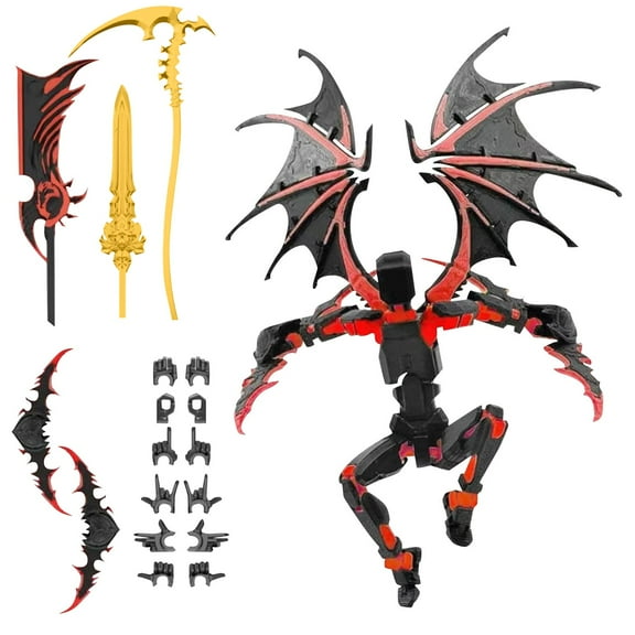 3D Printed Winged Titan Robot Action Figure Assembled Posable Mobile Doll Set with 5 Angel Weapons and 6 Interchangeable Hands for Desktop Display, Black and Red