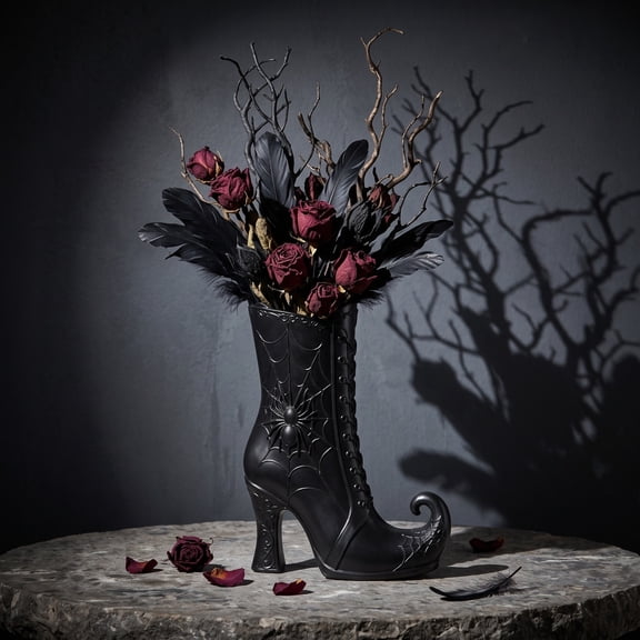 3D Printed Witch Boot Vase, Cobweb Gothic Floral Holder, Spooky Centerpiece for Witchy Home Tabletop Decor