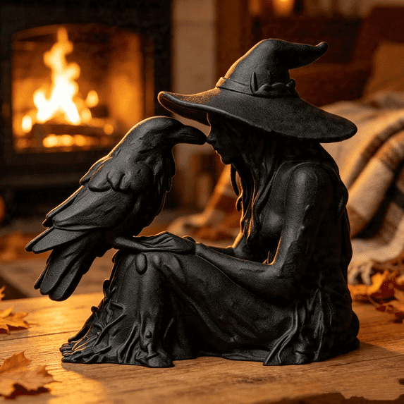 3D Printed Witch & Raven Figurine – Black Witch Statue with Hat Gothic Sculpture for Desk, Shelf, Halloween Decor, Dark Art Collectible, Mini 3D Printed Ornament, 3.2in Tall
