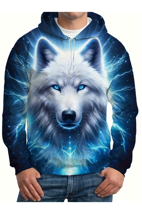 3D Printed Wolf King Hoodie - Blue and White Cosmic Wolf Pattern, Kangaroo Pocket, Polyester Blend, Machine Washable, Regular Fit Long Sleeve Autumn Winter Casual Sports Sweatshirt, Men's Sweatshirt