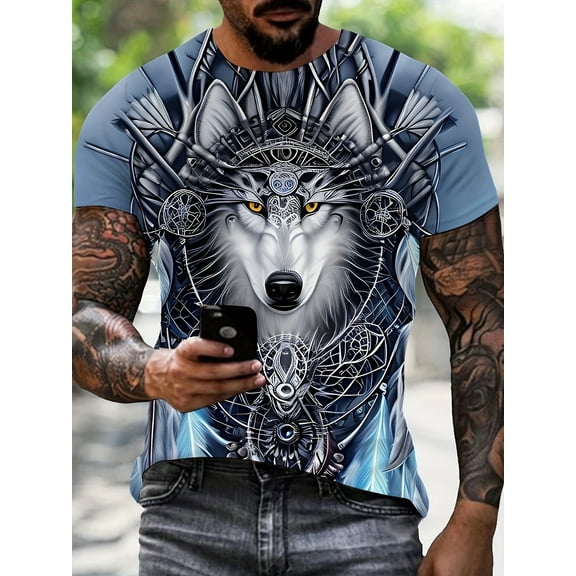 3D Printed Wolf Pattern Men's T-shirt-Comfortable Polyester round Neck Short Sleeve, Micro-Elastic Knitted Cloth, Casual Wear, Machine Washable, Perfect for Daily, Travel and Fitness