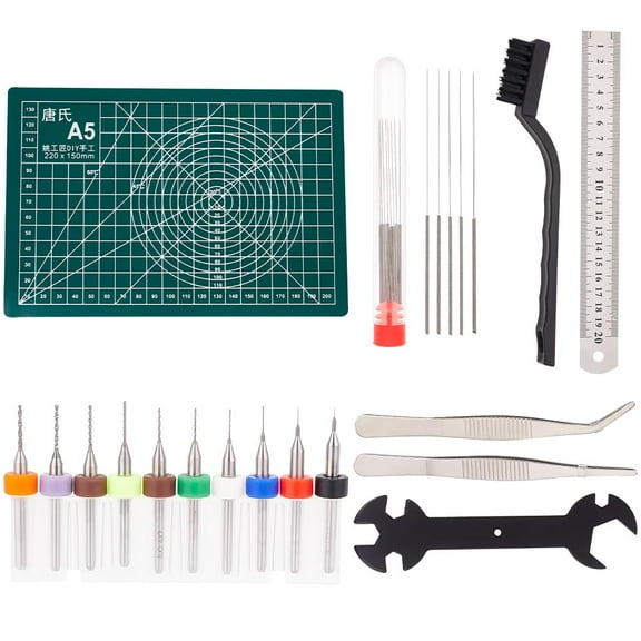 3D Printer Cleaning Tool Sets with 10Pcs Drill Bits and 10Pcs 5 Sizes 2Pcs Iron Tweezers 1Pc Plastic Brush/PVC Cutting Mat Pad/Ruler/Wrench for 3D Printing Clean colorful DIY