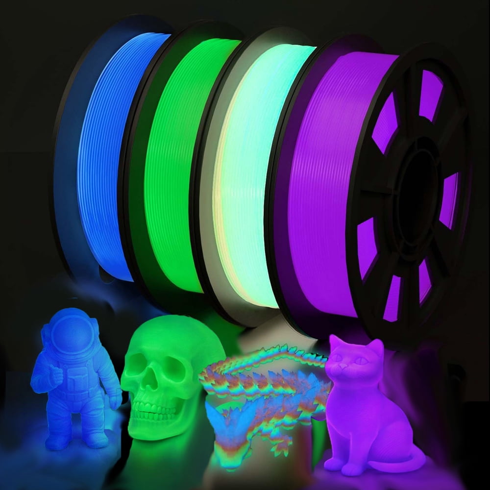 3D Printer Filament Bundle Glow in The Dark Filament Multicolor, Green, Blue, Purple and Rainbow, PLA Filament 1.75 mm, 250g X 4 Packs