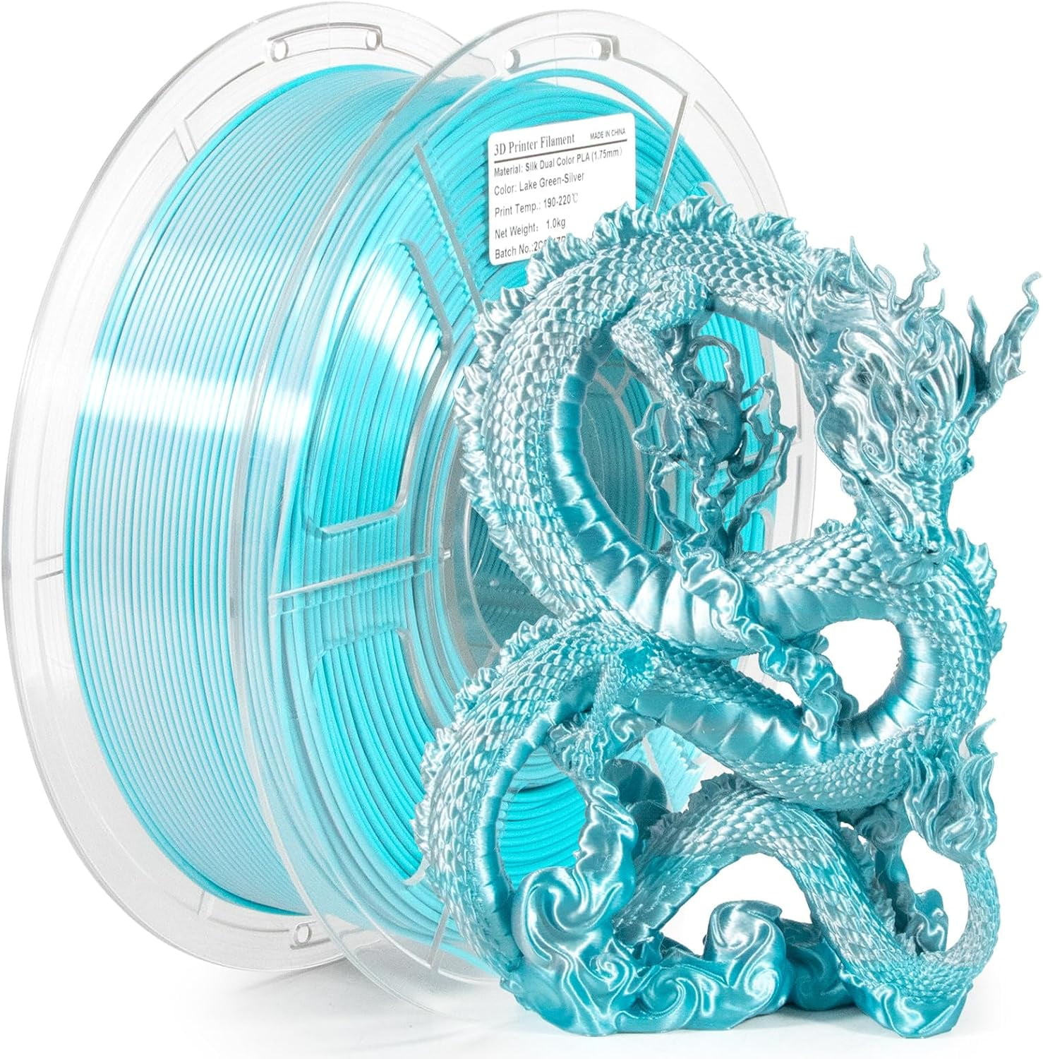 iSANMATE 3D Printer Filament, PLA Filament 1.75mm Dual Color Shiny Silk Coextruded 1 kg/Spool (Lake Green and Silver)
