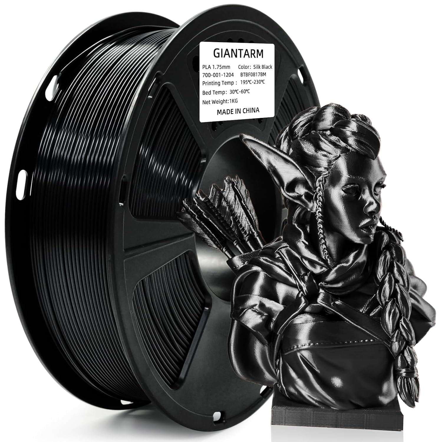 3D Printer Filament, Silk Black Pla Filament, 1Kg(2.2lbs) Spool, 1.75mm Dimension Accuracy +/- 0.03mm, 3D Printing Filament