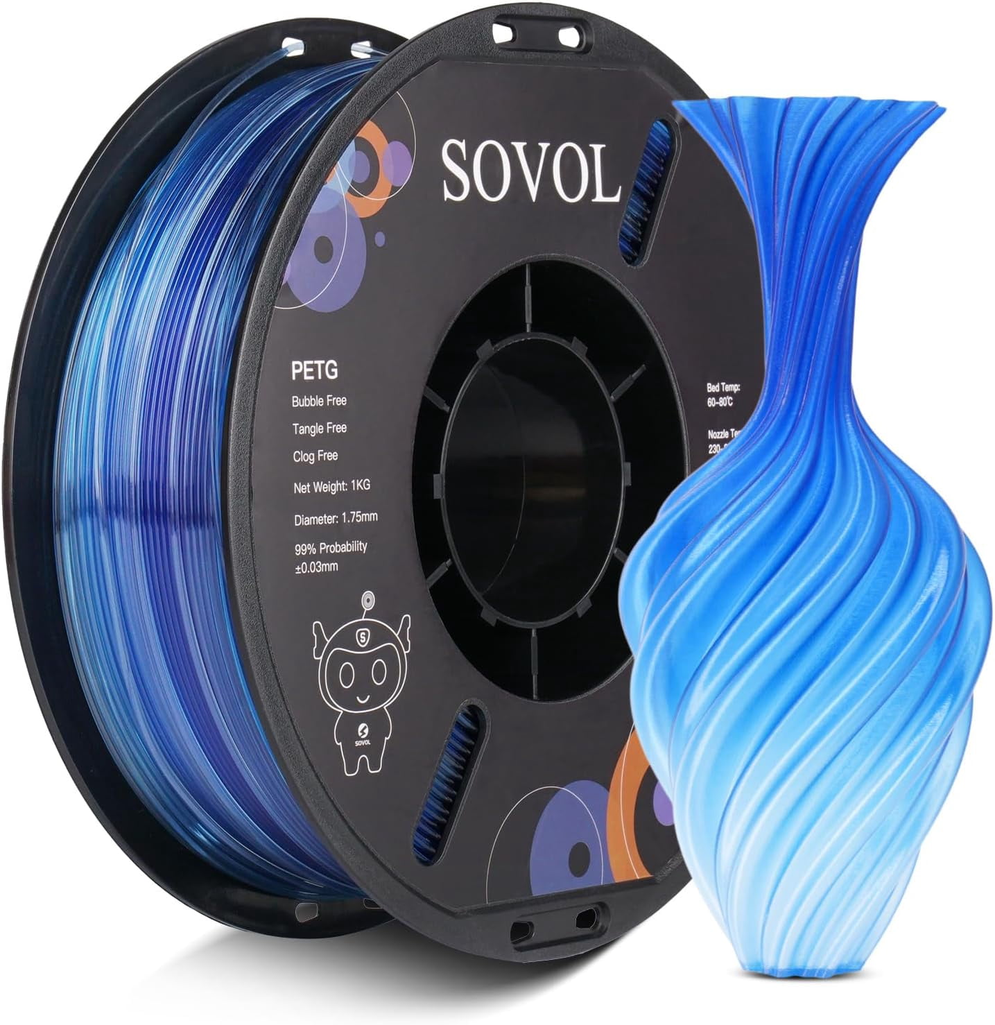 3D Printer PETG Filament 1.75mm, Gradient Multicolors Filaments Material, 1kg (2.2lbs), Dimensional Accuracy +/- 0.03 mm, Fit Most FDM Printer, Blue