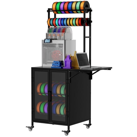3D Printer Stand with Filament Storage Cabinet , 35.8" x 23.2" Heavy Duty Large 3D Printer Table Cart with 360 Rolling & Foldable Side Table, Dustproof and Moisture-Proof for Workshop Studio Office