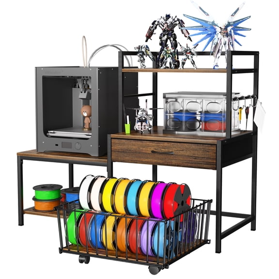 3D Printer Stand with Storage Drawer and Rolling Filament Basket, Industrial Printer Table with Open Shelves and Hooks, Sturdy Metal Workstation for 3D Printing Tools and Accessories, Brown