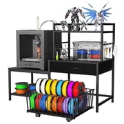 3D Printer Stand with Storage Drawer and Rolling Filament Basket, Industrial Printer Table with Open Shelves and Hooks, Sturdy Metal Workstation for 3D Printing Tools and Accessories, Black