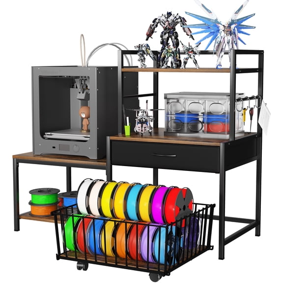 3D Printer Stand with Storage Drawer and Rolling Filament Basket, Industrial Printer Table for 3D Printing Tools and Accessories, Brown