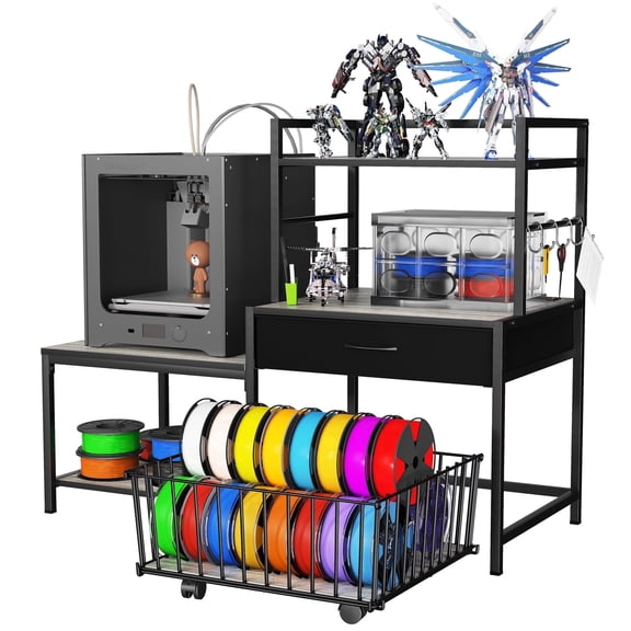 3D Printer Stand with Storage Drawer and Rolling Filament Basket, Industrial Printer Table for 3D Printing Tools and Accessories, Gray