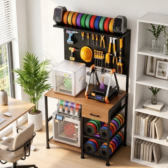 3D Printer Stand with Filament Storage Workstation, 3D Printer Workbench with Drawer and Charging Station, Large Printer Shelf with Pegboard and