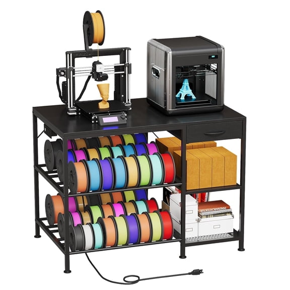 3D Printer Table with Filament Storage, 3-Tier Stand Power Outlet & Drawer, Heavy Duty Rack for Workshop Studio Office (Black)