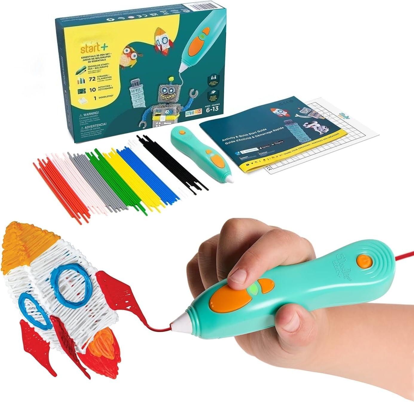 3D Printing Pen for Kids Ages 6+, Safe No-Hot-Parts Educational STEM Toy with Doodle Mat & Stencils, Easy to Use Art Activity Kit, Complete Start+ Essentials Set with Plastics & Guide