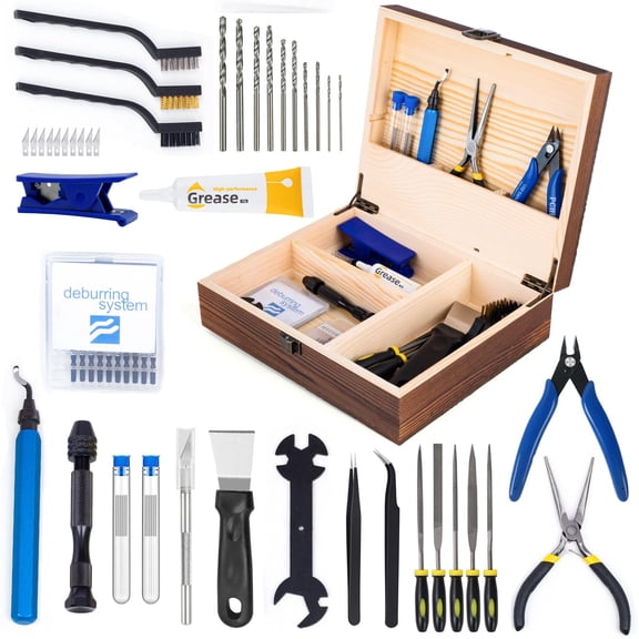 3D Printing Tool Set with Wood Box Printer Tools Features a deburring Tool, Wire Cutter, Drill, and Scraper for Model cleanup, Surface Smoothing, Precise Drilling.