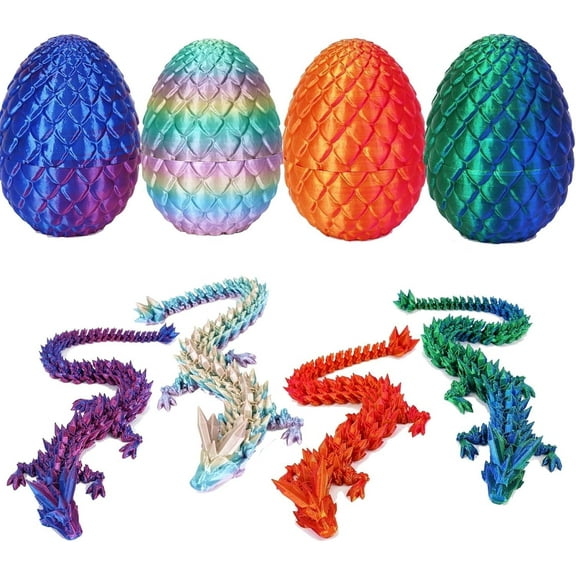 3D Printing Toys - 12" 3D Printed Dragon&Egg Cool 3D Printed Articulated Crystal Dragon Toy for Ages 8+ (4Pcs-B)