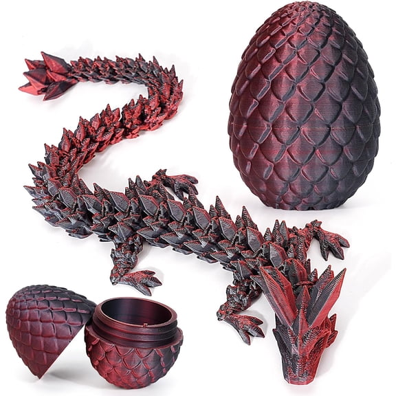 3D Printing Toys - 12" 3D Printed Dragon&Egg Cool 3D Printed Articulated Crystal Dragon Toy for Ages 8+ (Black Red)