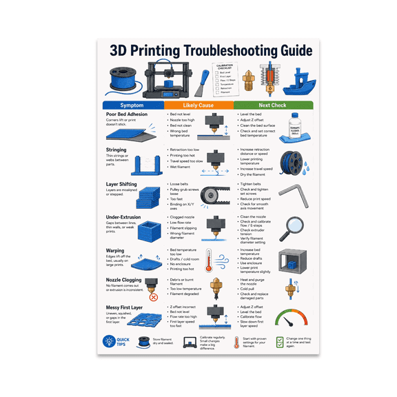3D Printing Troubleshooting Guide Poster, Makerspaces, STEM Rooms, Hobbyists, and 3D Printing Enthusiasts, 13x19 Glossy Paper