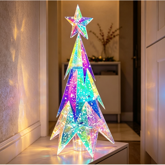 3D Prismatic Iridescent Holographic Christmas Tree with LED Lights, Decorative Holiday Accent to Elevate Festive Atmosphere, Great for Shelf Display and Holiday Gathering Setup