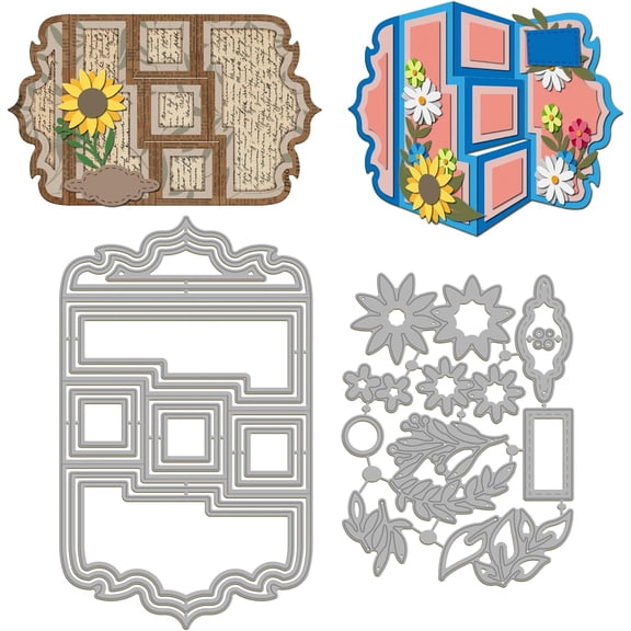 3D Progressive Card Cut Dies Rectangular Shaped Gift Card Metal Die Cute Flowers and Plants Metal Cutting Die for DIY Scrapbooking Photo Album Decorative Embossing Paper Card Stainless Steel Color