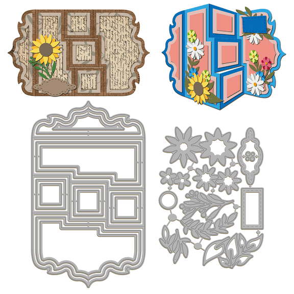 3D Progressive Card Cut Dies Rectangular Shaped Gift Card Metal Die Cute Flowers and Plants Metal Cutting Die for DIY Scrapbooking