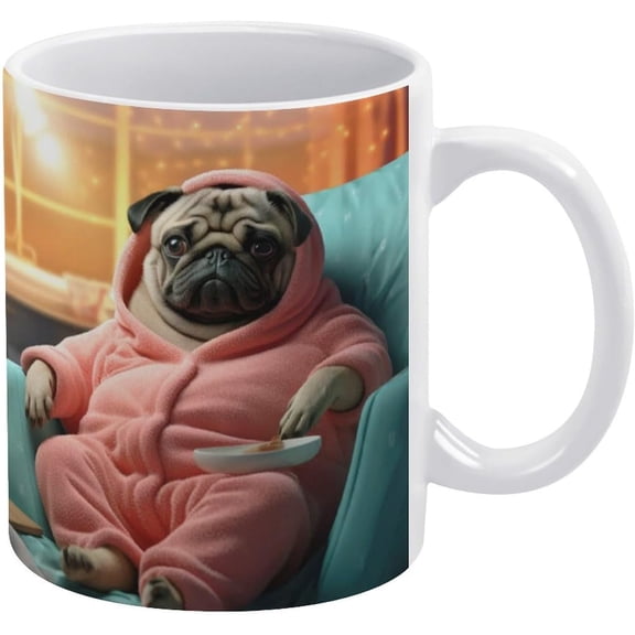 3D Pug In Pyjamas Ceramic Mug, 3D Dog Tea Mug, 3D Cute Pug In Armchair Coffee Mug 11 Oz Tea Cup For Men & Women | Unique Gift Idea | White