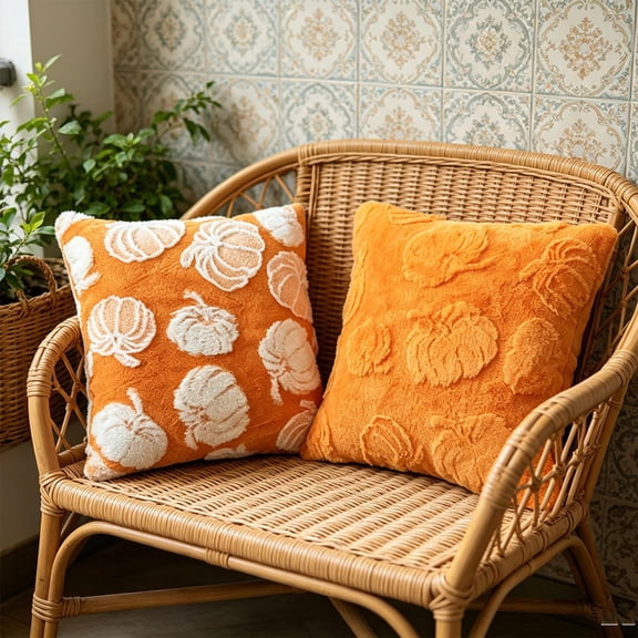 3D Pumpkin Square Pillow Covers 18x18 Inch, Tufted Pumpkin Pattern Plush Cushion Case, Fall Home Decor Accessory for Thanksgiving & Halloween Decor