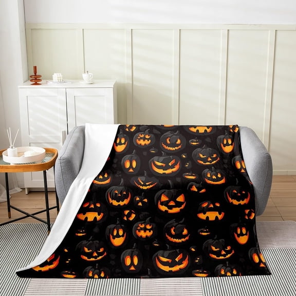 3D Pumpkin Throw Blanket Halloween Theme Black Orange Pumpkin Flannel Blanket for Kids Teens Adults Watercolor Horror Plants Decorative Fleece Blanket for Office Bedroom Baby 30x40