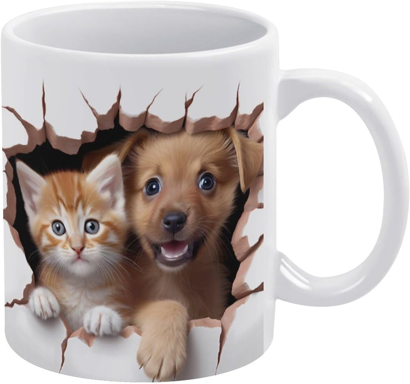 3D Puppy Kitten Hole In A Wall 3D Coffee Mug-3D Painted Mug,Creative Space Design Multi-Purpose Mug, Cup Gifts For Women Men 11Oz