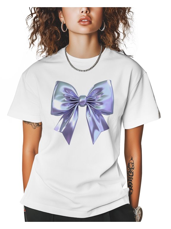 3D Purple Bow T Shirts for Women Short Sleeve Cotton Crewneck T-Shirt Dreamy Geometric Bow Tie Tee Tops Casual Basic T-Shirts, XS-5XL White S