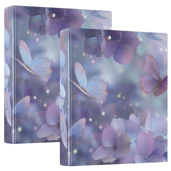 3D Purple Flowers with Butterflies Glitter Round Ring Binder 3 Rings 1.5" Capacity File Storage for A4 Size 2 Pack