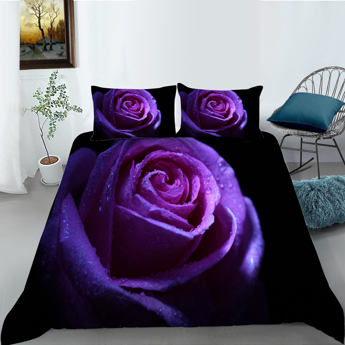 3D Purple Rose Pattern Bedding Set, Valentine's Day Comforter Set
