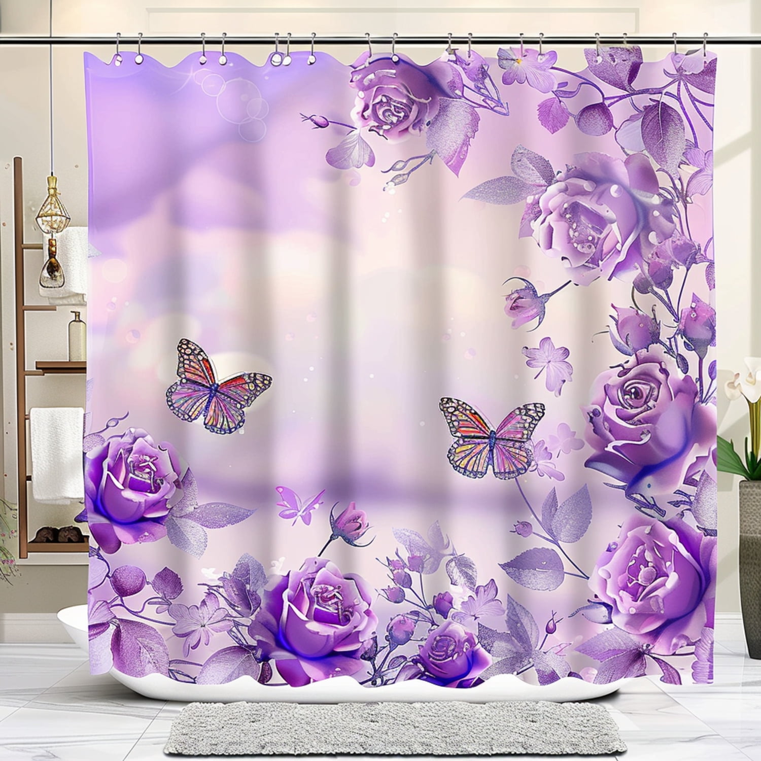 3D Purple Roses and Butterflies Shower Curtain Set with Pink Butterfly ...