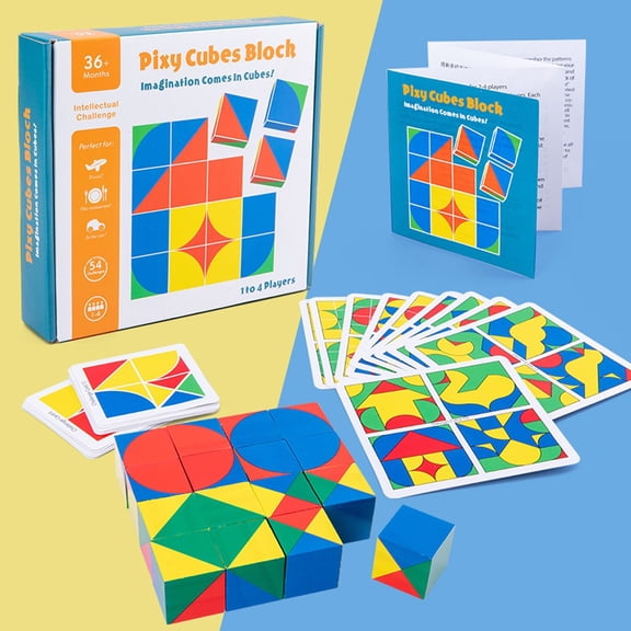 3D Puzzle Cubes Set with Design Cards, Wooden Spatial Thinking Game for Shape and Color Matching