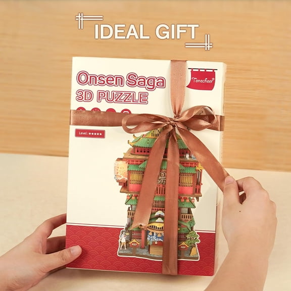 3D Puzzle Kit for Adults,  Wooden Model Building Set Desktop Storage Kit Box Japanese Miniature Doll House, Home Decor Wood Craft Auto-Sensing Gift for Christmas Birthday (Onsen Saga)