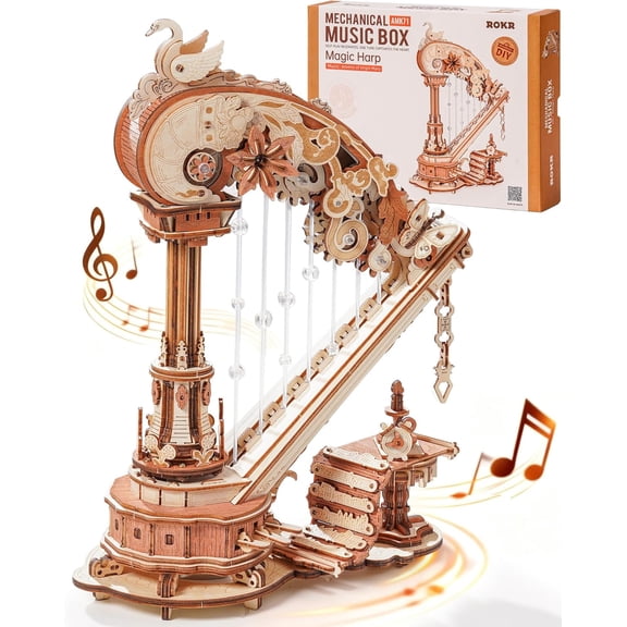 3D Puzzle Magic Harp Music Box, Buildable Model Kit with Mechanical Movement & Ave Maria Melody, Elegant Home Decor for Desk & Shelf