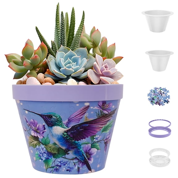 3D Puzzle Planter-Small Round 3D Puzzle Flower Pot with LED Lighting, Unique Home Decor Indoor Planter for Cactus, Succulent, Small Vegetation, Gift for Puzzle Lovers