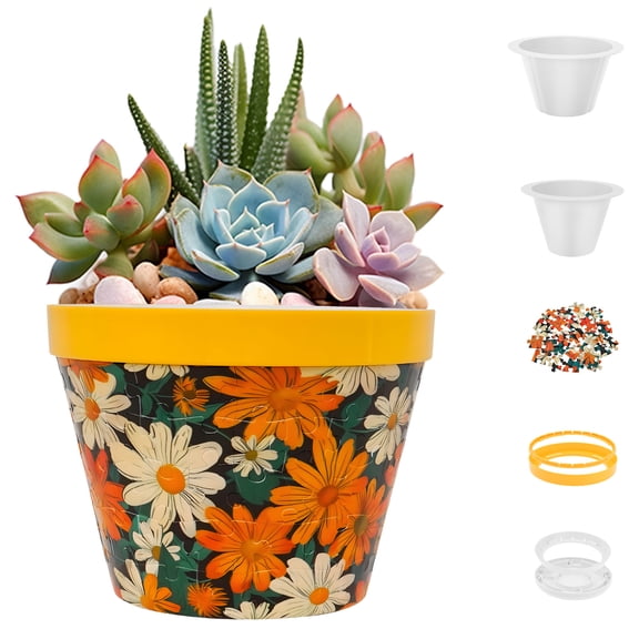 3D Puzzle Planter-Small Round 3D Puzzle Flower Pot with LED Lighting, Unique Home Decor Indoor Planter for Cactus, Succulent, Small Vegetation, Gift for Puzzle Lovers