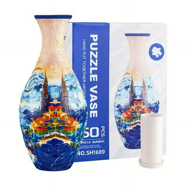 Puzzle 3D Vase En Bois à Assembler - 160 Pièces Courbes, Fini : 10,9 X 24,4 Cm - Décoration Intérieure Bleu Et Blanc