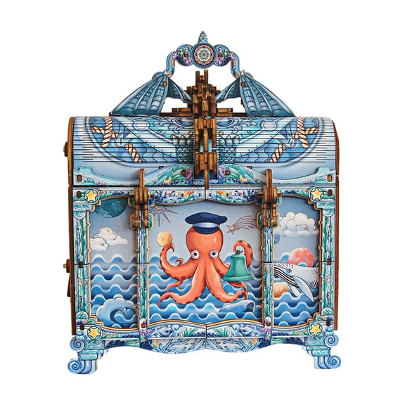 3D Puzzle Wooden Treasure Chest Puzzle Model, DIY Ocean Theme Assembly Storage Box, Decorative Building Kit with Opening Lid, 330+PCS