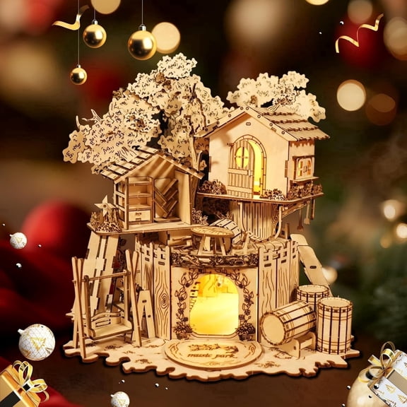3D Puzzles For Adults Wooden Model Kits Treehouse DIY Handmade Crafts To Bulid with LED Christmas and Birthday Gifts for Women